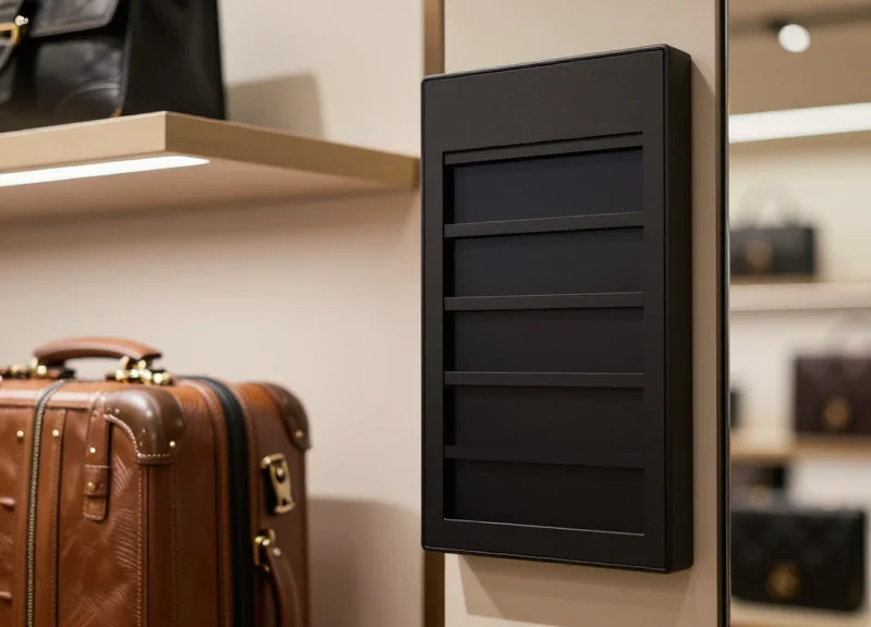 Close-up of a sleek electronic shelf label next to a premium leather suitcase in a high-end boutique.