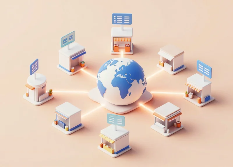 Isometric 3D model of a retail network showing automated data synchronization.