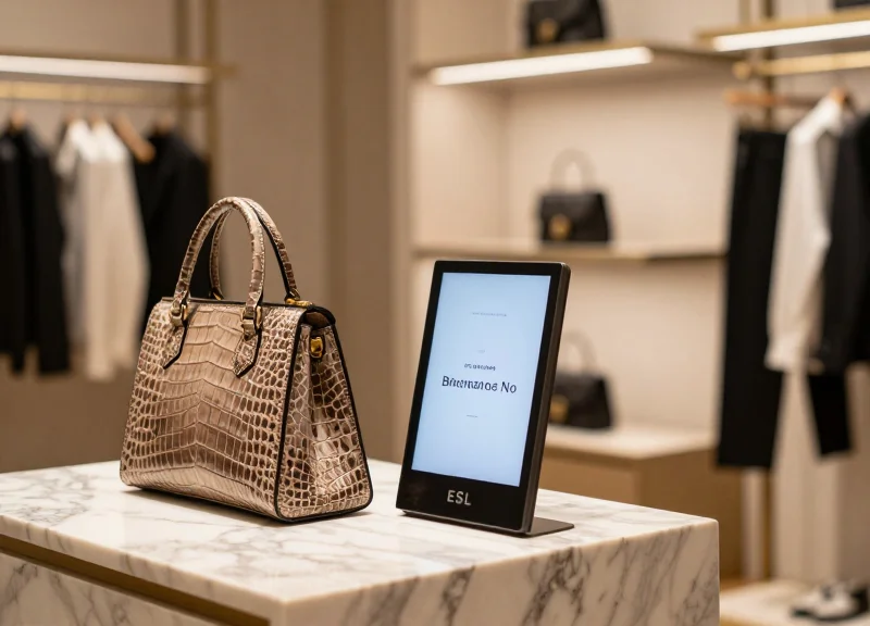 A luxury boutique displaying an exotic leather handbag next to a sleek electronic shelf label.