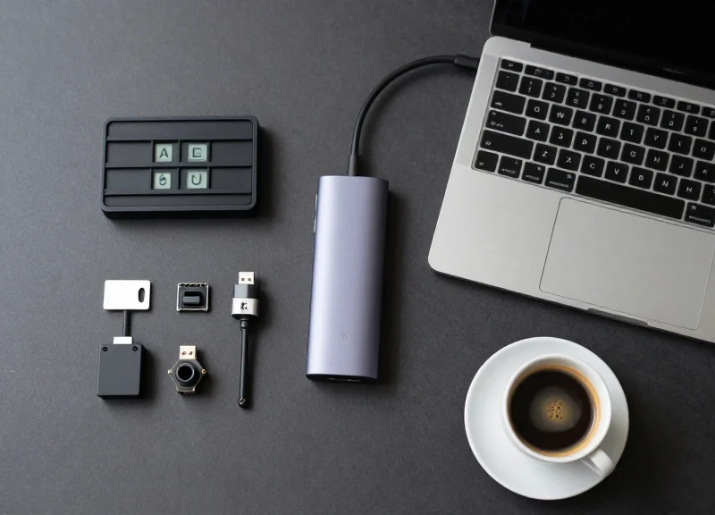 Developer workstation essentials with electronic shelf label devices and hardware components.