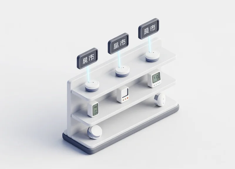 3D isometric model showing a smart retail shelf integrated with IoT environmental sensors.