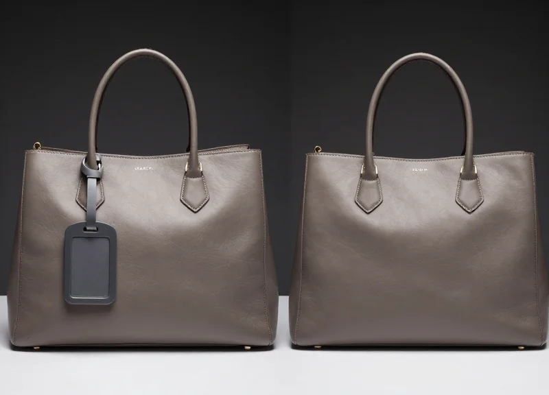 Comparison between a luxury bag with a bulky plastic tag and a clean minimalist bag without tags