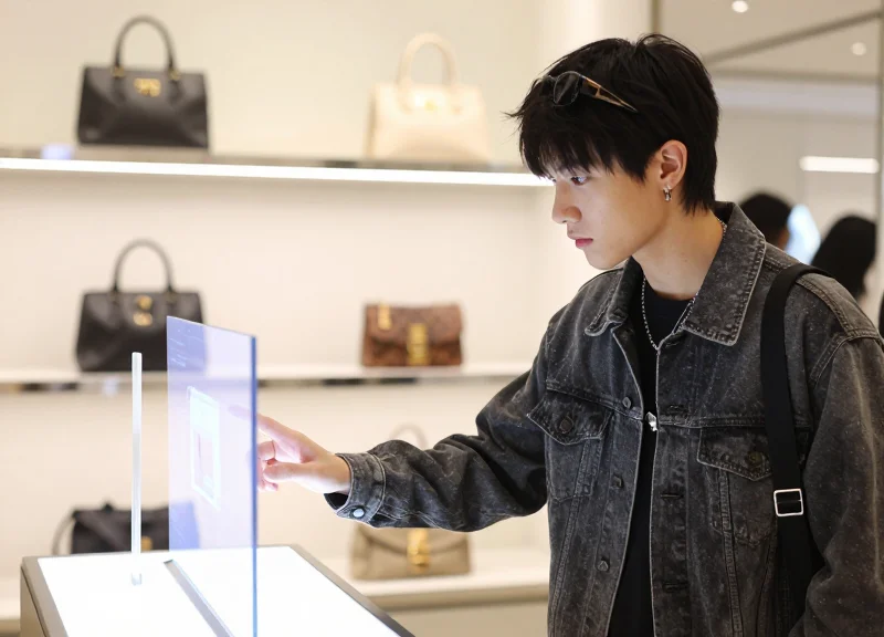 A stylish Gen Z shopper interacting with a sleek digital display in a high-end store