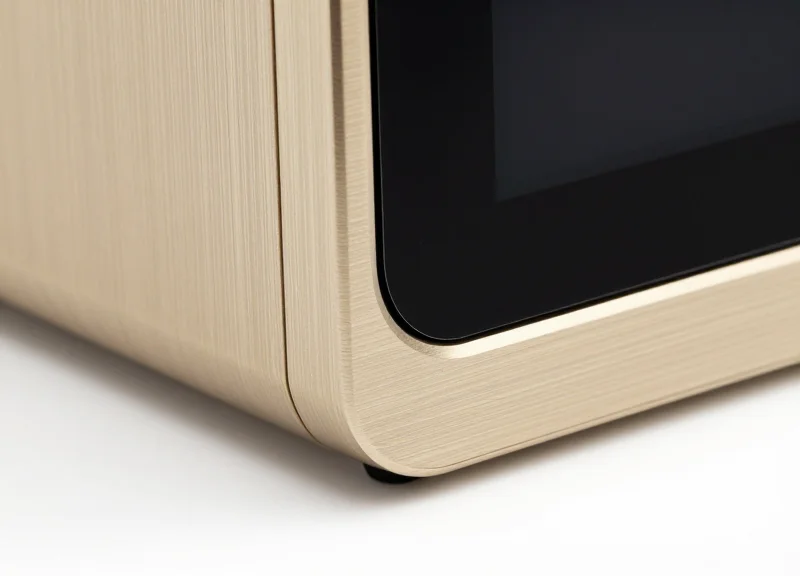 Macro shot of the premium brushed metal and tempered glass finish of a high-end digital price tag.