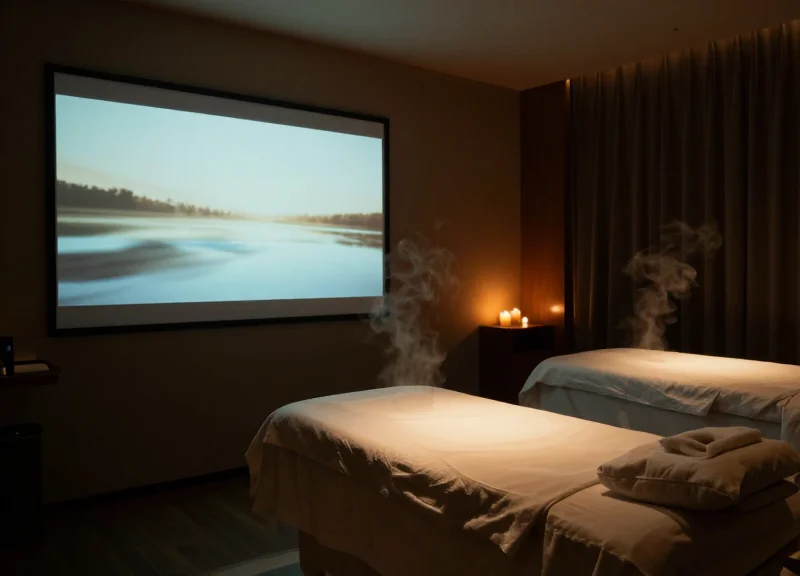 A digital display glowing softly in a dimly lit, luxury spa relaxation room with ambient candles.