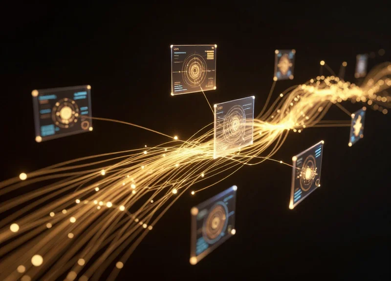 Conceptual 3D visualization of a digital display network connected by glowing golden threads.