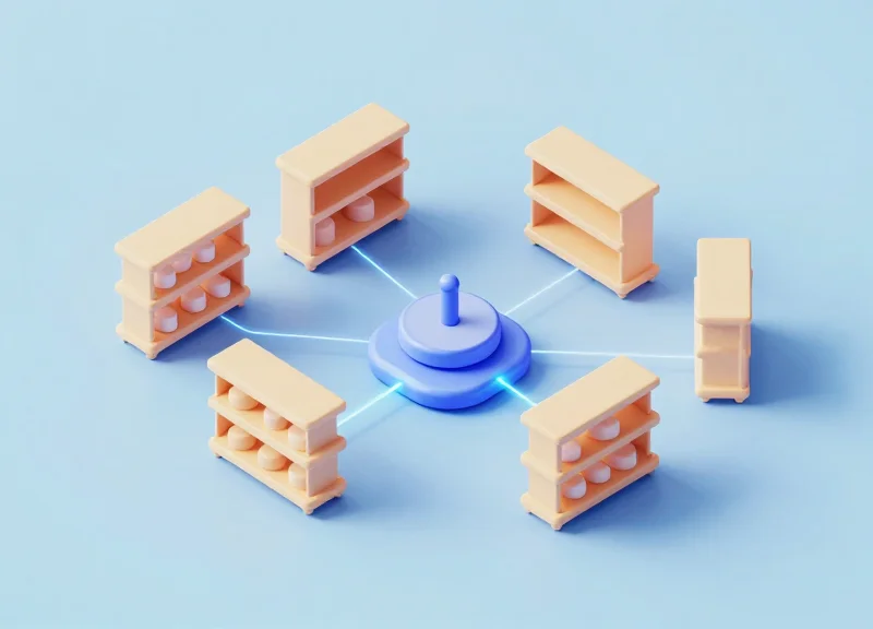 3D isometric model of a smart retail shelf network with data connection nodes