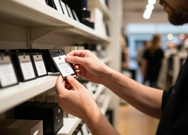 Retail employee installing a digital price tag on a high-end store shelf