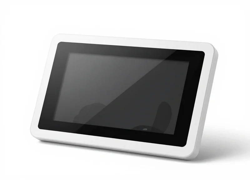 A sleek modern electronic shelf label device for a spa menu, minimalistic white frame with an e-ink screen, isolated on a clean white background.