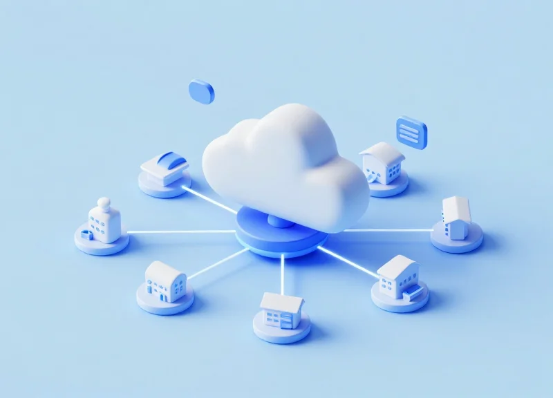 3D isometric view of a cloud server connecting multiple spa building icons with glowing data streams.