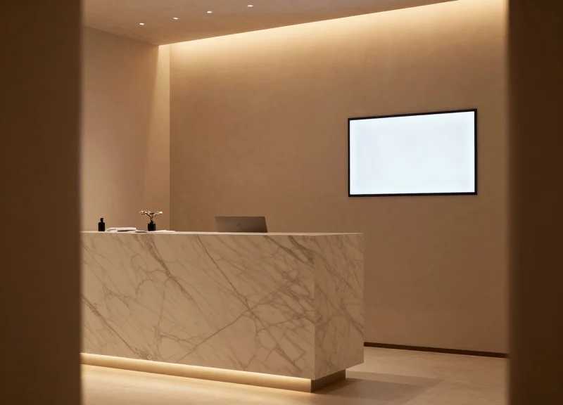 High-end luxury spa reception area with a serene and clean aesthetic, featuring digital price displays.