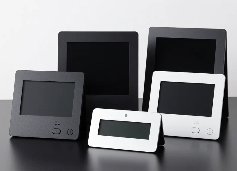 A group of electronic price tags for service industries, showcasing various sizes and professional hardware quality.