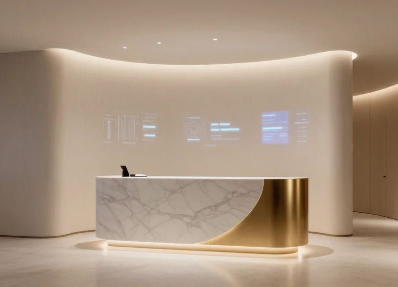 Futuristic luxury spa reception area with minimalist marble design and soft ambient lighting