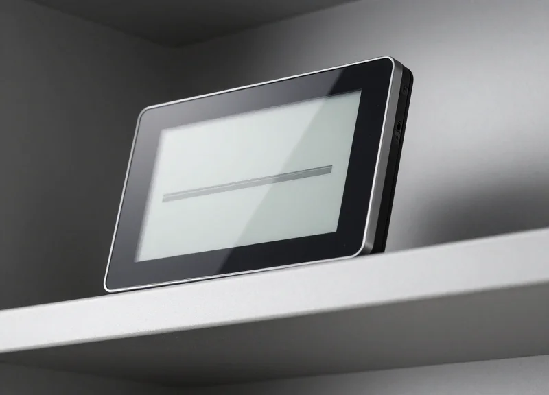 Sleek electronic shelf label mounted on a luxury retail shelf with a macro focus on texture