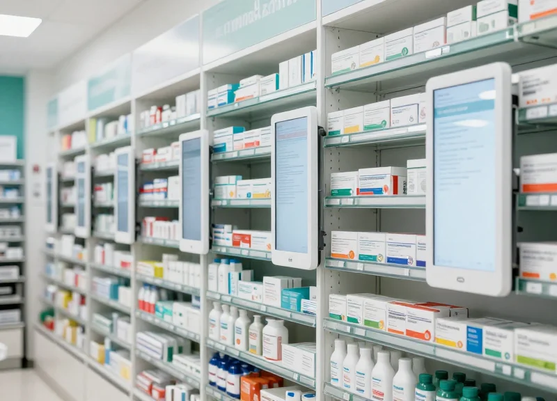 A modern pharmacy interior with electronic shelf labels showing digital price tags on shelves filled with medical supplies.