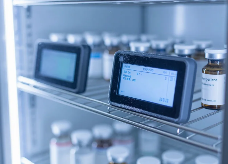 Electronic shelf labels inside a professional medical refrigerator showing their durability in cold chain environments.