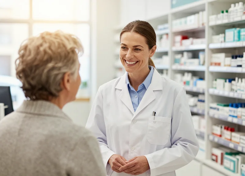 A smiling pharmacist consulting with a patient in a bright, modern pharmacy.