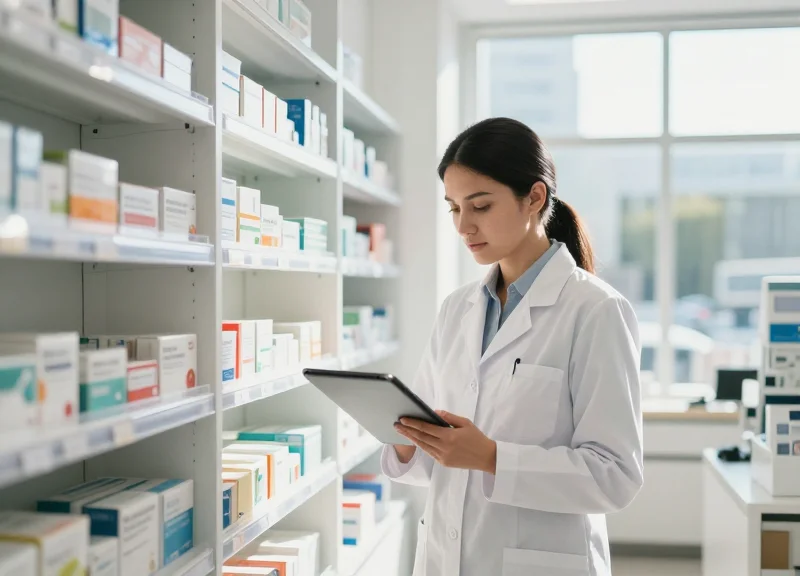 A modern pharmacy interior with organized medicine shelves and a pharmacist using a digital tablet.