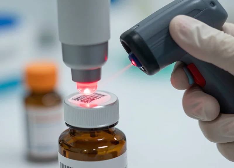 Close-up of a high-precision barcode being scanned on a pharmaceutical bottle.