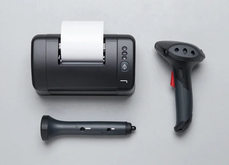 A collection of pharmacy hardware including a thermal printer and a high-speed scanner.