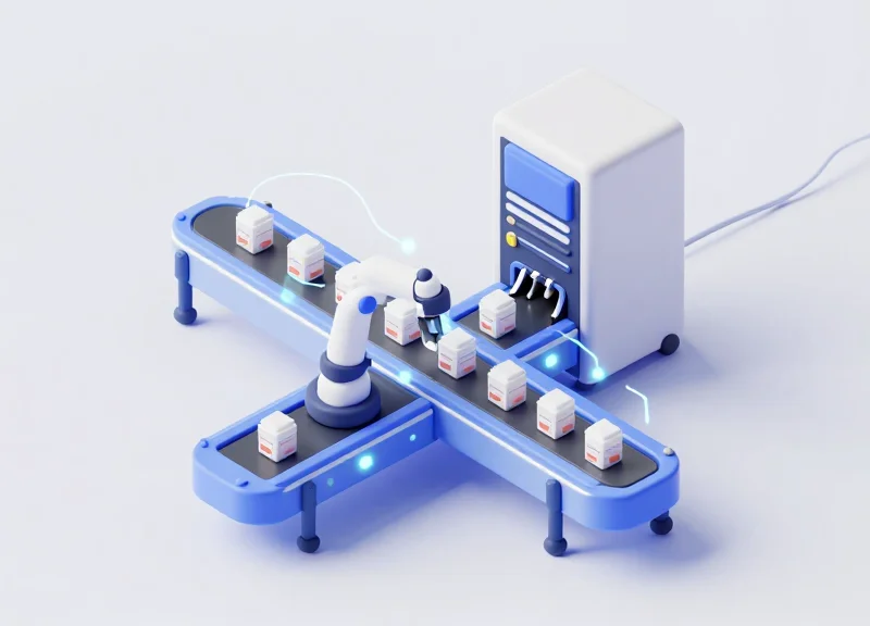 Isometric 3D model of an automated medicine labeling conveyor system.