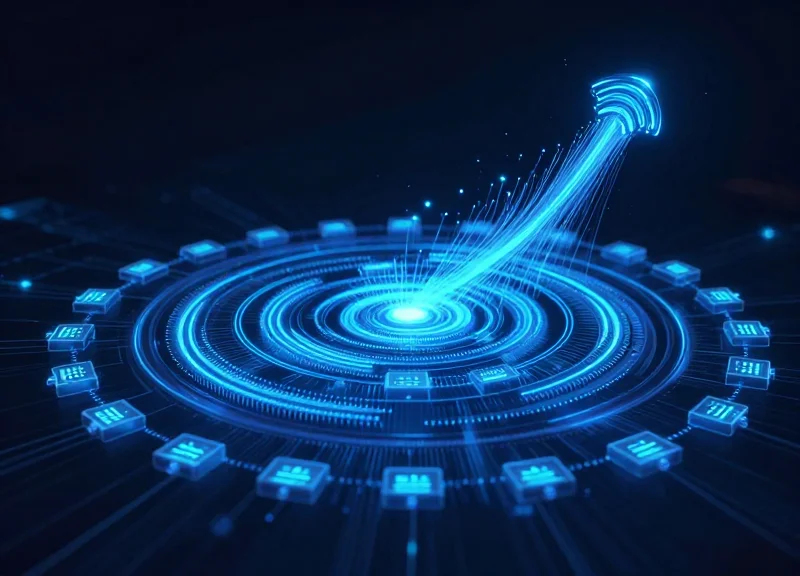 Abstract visualization of ESL and RFID signals merging in a smart pharmacy.