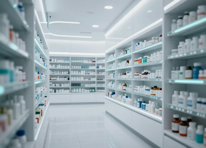 A modern, high-tech pharmacy interior featuring clean white shelves and glowing digital displays.