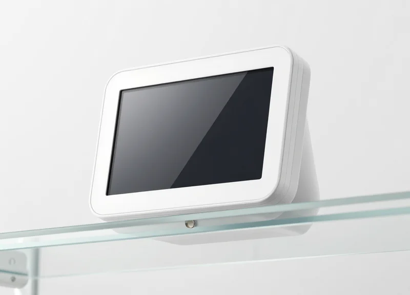 A close-up of a sleek electronic shelf label (ESL) mounted on a pharmacy shelf edge.