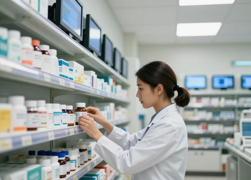 A modern clinical pharmacy interior with pharmacists organizing medicine on shelves equipped with sleek digital electronic shelf labels.