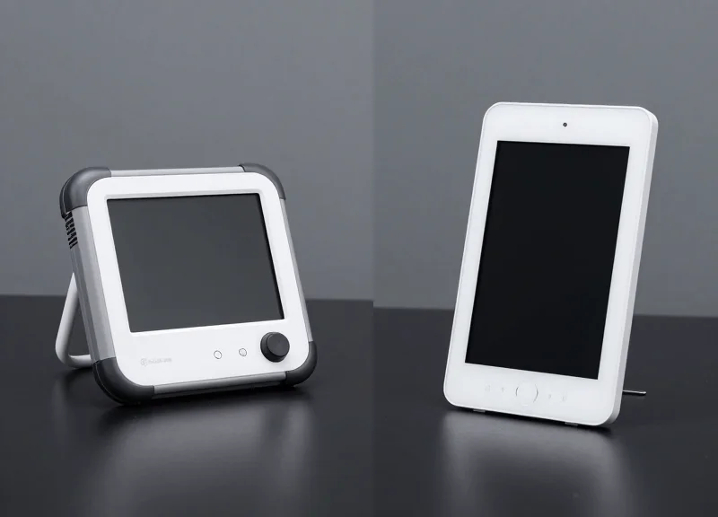 Side-by-side comparison of a robust medical-grade ESL and a standard retail ESL on a sterile white surface.