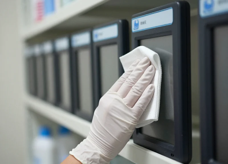 A healthcare professional in blue gloves using a disinfectant wipe to clean a waterproof digital shelf label in a hospital.