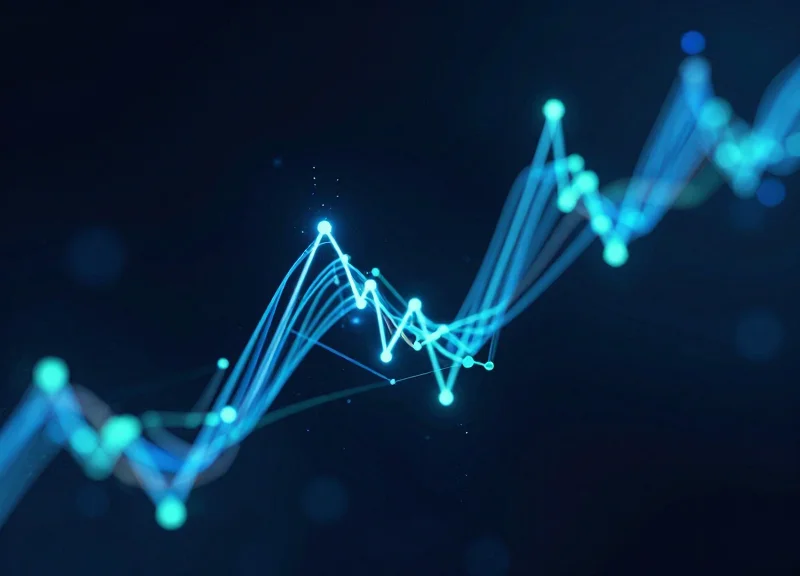 Abstract visualization of financial growth and data efficiency with glowing blue light trails.