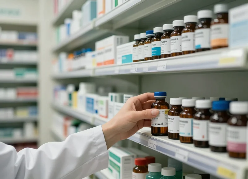 A professional hospital pharmacy interior with shelves of organized medical supplies and a pharmacist reaching for a bottle.