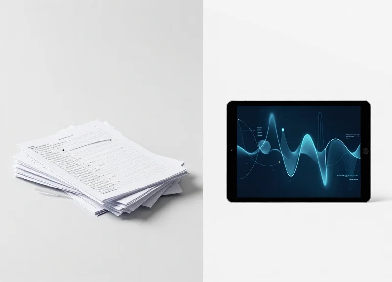 A side-by-side comparison of a cluttered paper-based chart versus a clean digital tablet in a medical setting.