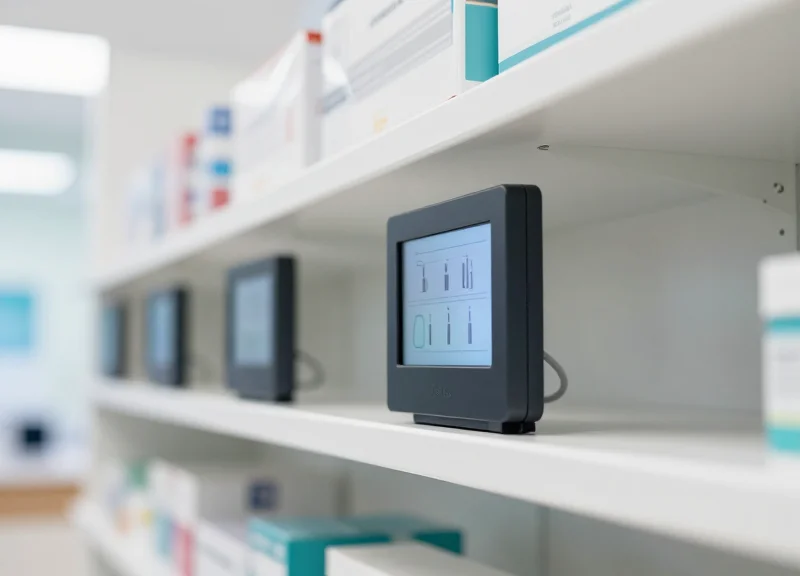 Close-up of electronic shelf labels installed on modern pharmacy shelving.