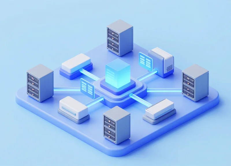 Isometric 3D model of hospital systems integrating with digital cloud infrastructure.