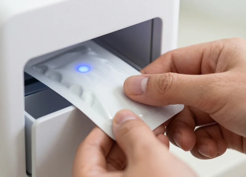 Close-up of a hand quickly retrieving a medicine package from a shelf with a glowing indicator light.