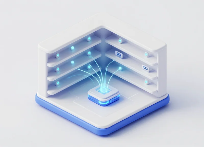 A 3D isometric model of a pharmacy inventory system showing RFID sensors and electronic labels connected to a central hub.