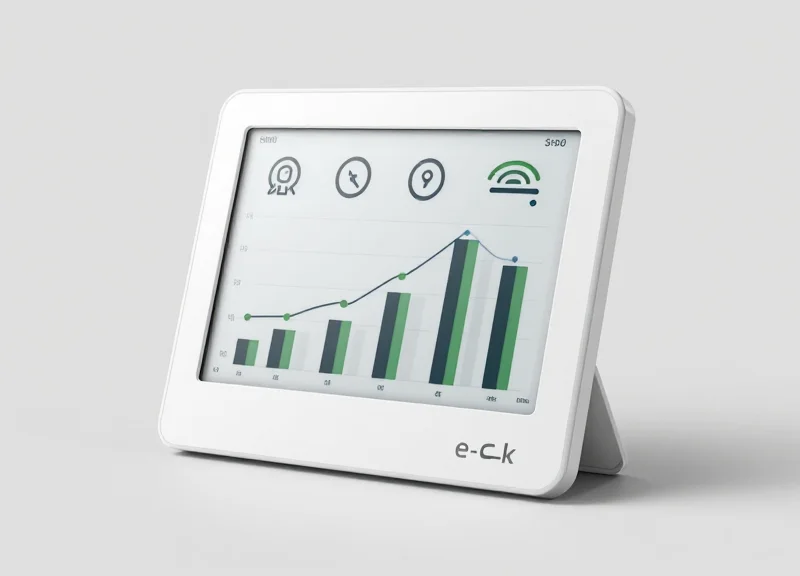 A close-up shot of a modern Electronic Shelf Label (ESL) device for medical use.