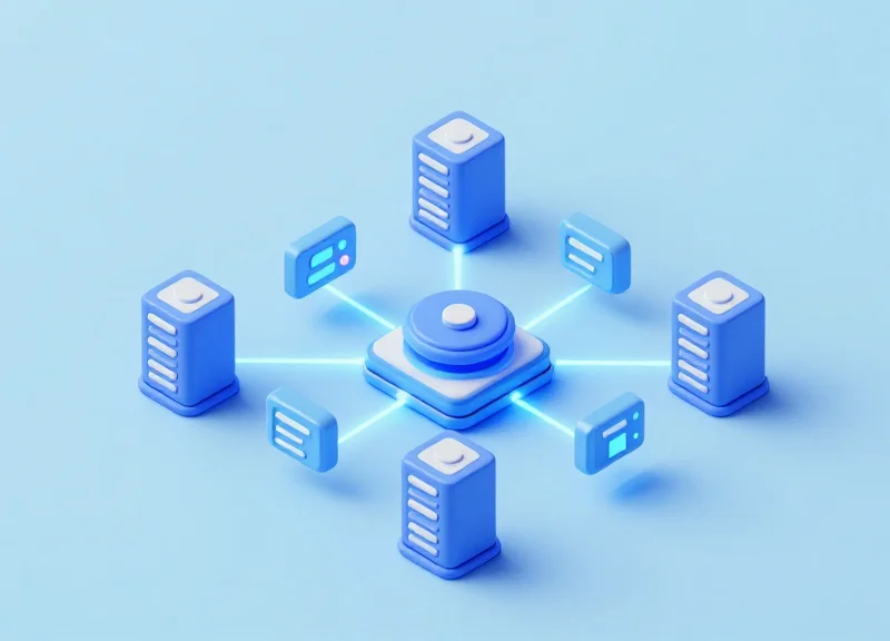 Isometric 3D model showing the connection between shelf labels and a central hospital information system.