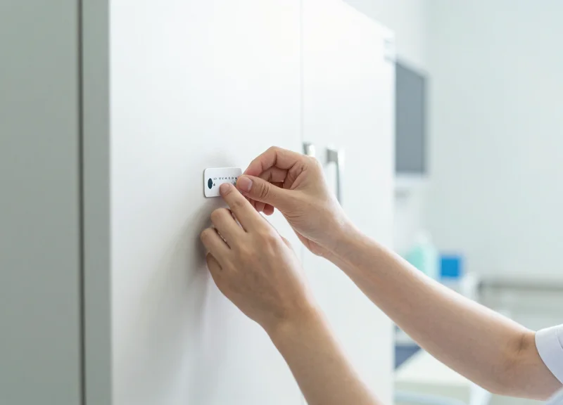 A healthcare professional checking a digital inventory label in a brightly lit hospital setting.