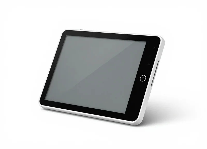 A professional studio shot of a slim electronic bed card with an e-ink display on a white background.