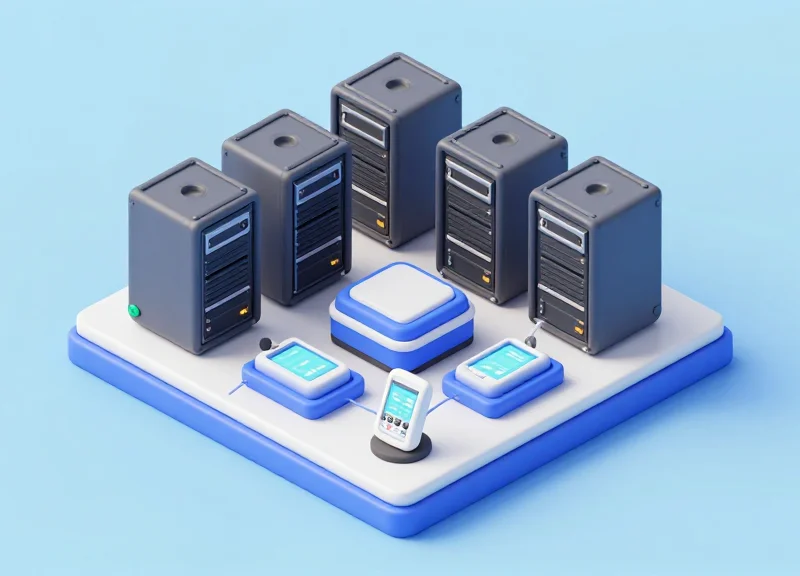 Isometric 3D model showing the connection between HIS servers, middleware gateways, and bedside devices.