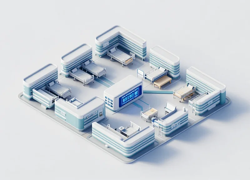 Large scale isometric view of multiple hospital wards connected to a central system.