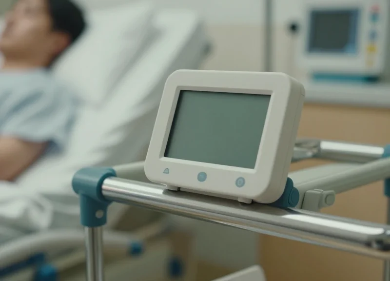 A modern electronic patient signage mounted on a hospital bed rail in a clean room