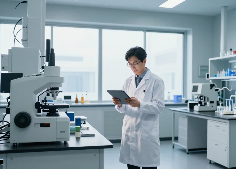 A modern laboratory with scientists working with digital tools and high-tech equipment