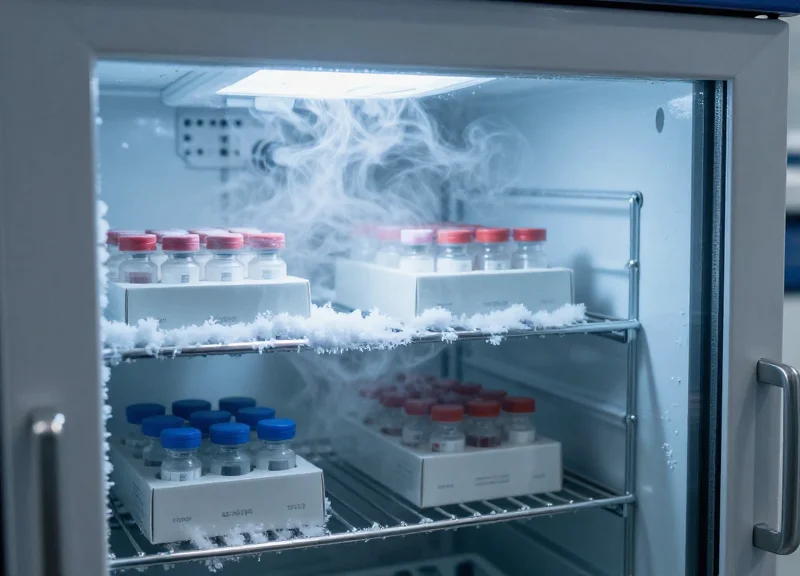 The interior of a laboratory ultra-low temperature freezer showing frost and scientific samples