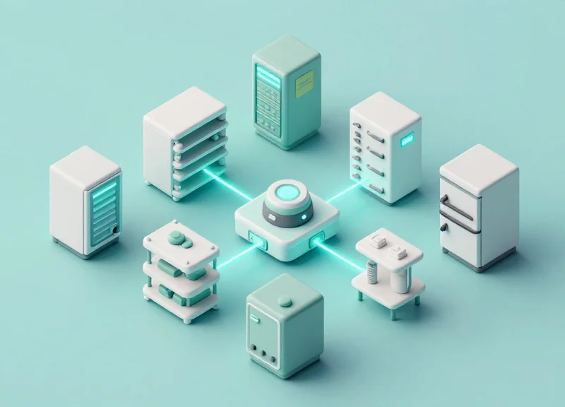 Isometric illustration of laboratory equipment integrated into a digital network