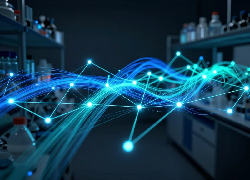 Abstract glowing data streams and nodes representing real-time laboratory tracking.