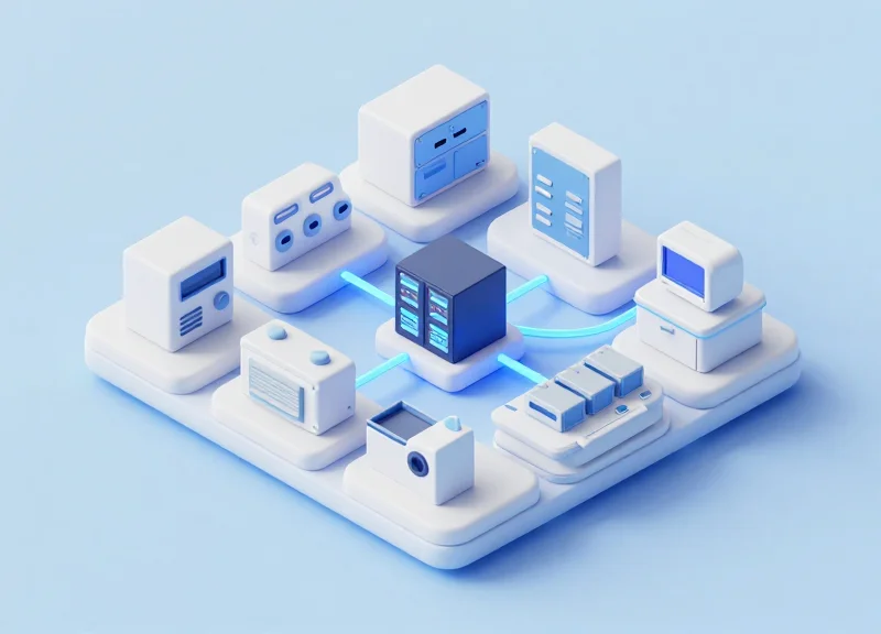 Isometric 3D view of a laboratory network system connecting shelves to servers.